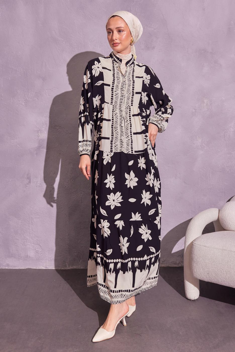 Tesettür giyim SİYAH DESENLİ TESETTÜR ELBİSE T 1914