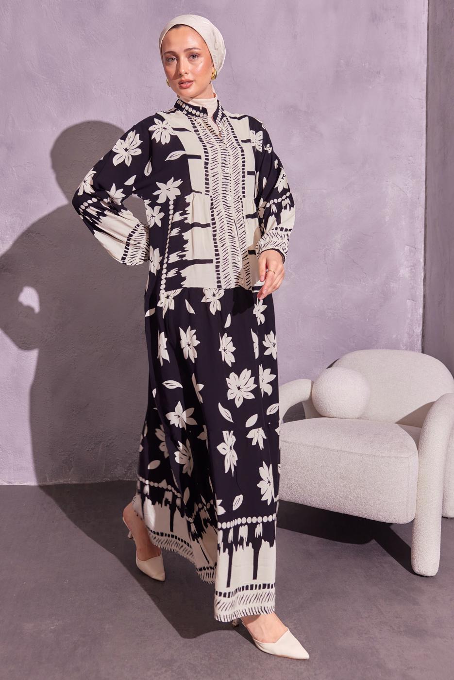 Tesettür giyim SİYAH DESENLİ TESETTÜR ELBİSE T 1914