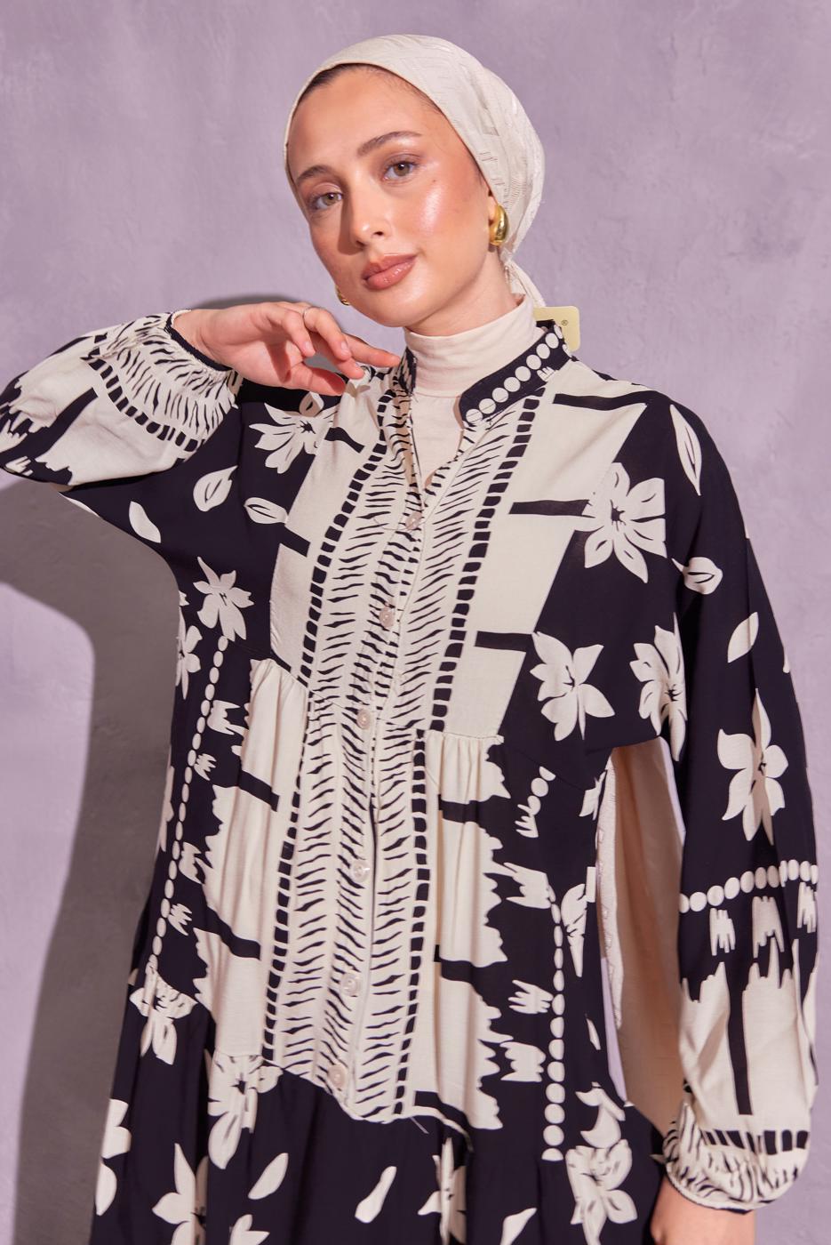Tesettür giyim SİYAH DESENLİ TESETTÜR ELBİSE T 1914