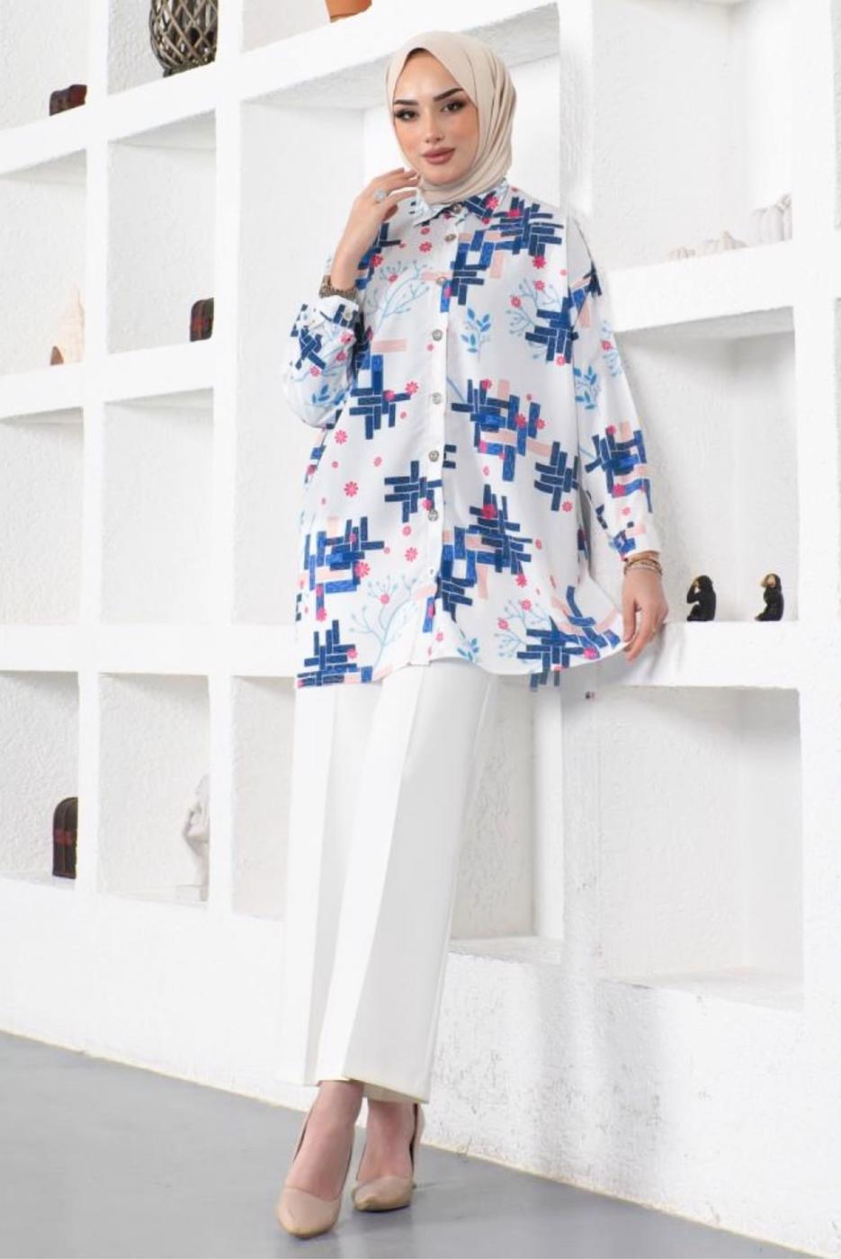 Tesettür giyim LACİVERT DESENLİ GÖMLEK TUNİK T 1988