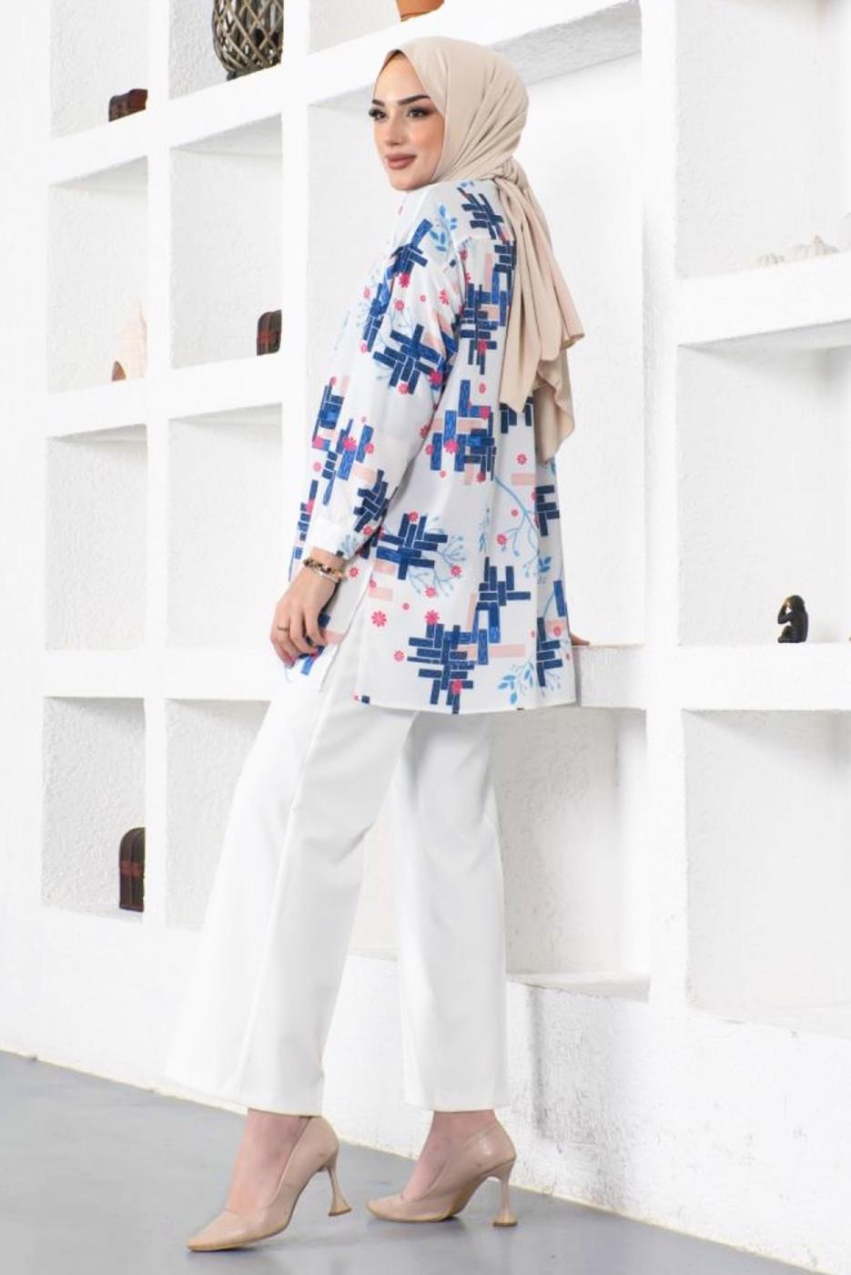 Tesettür giyim LACİVERT DESENLİ GÖMLEK TUNİK T 1988