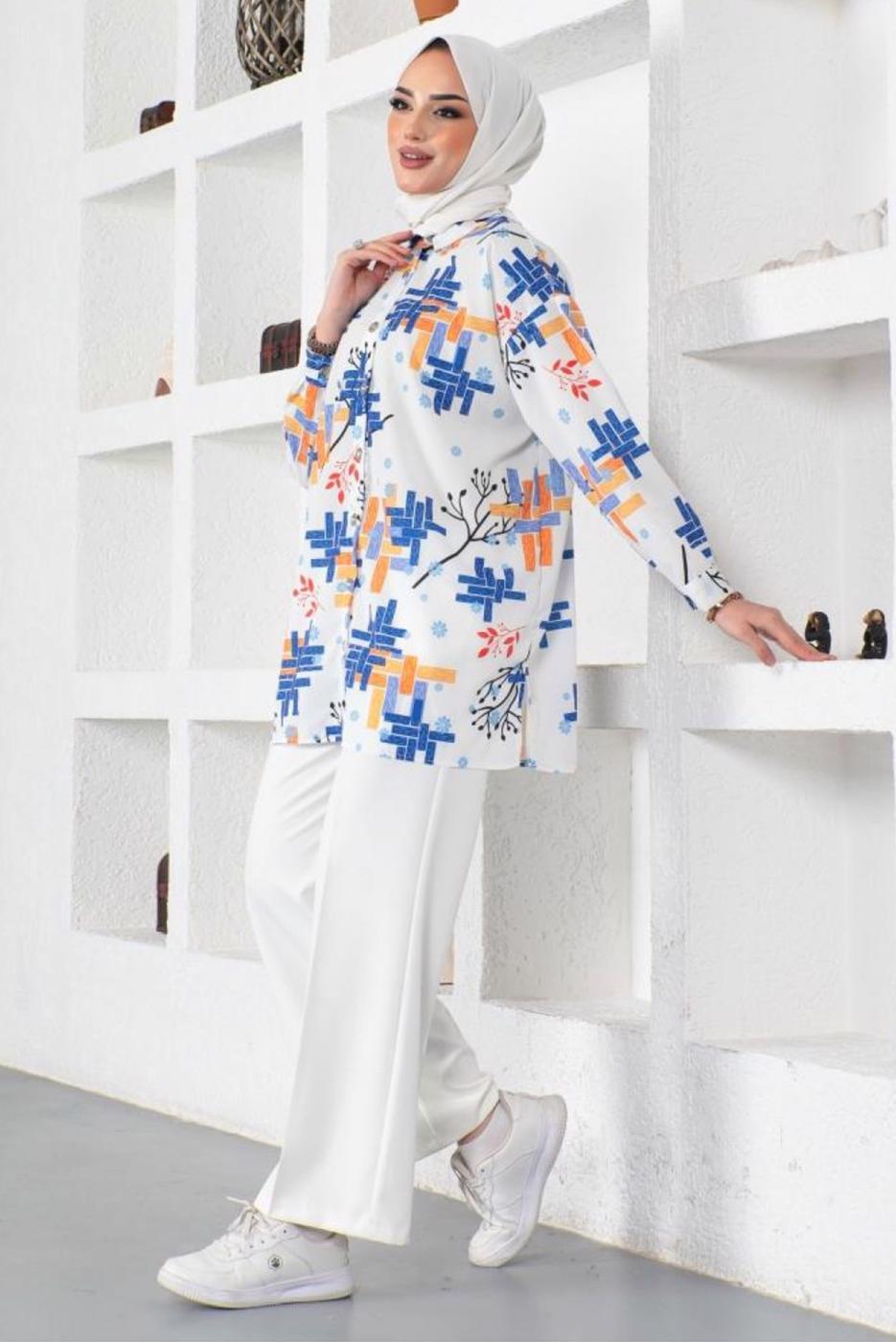 Tesettür giyim LACİVERT DESENLİ GÖMLEK TUNİK T 1988