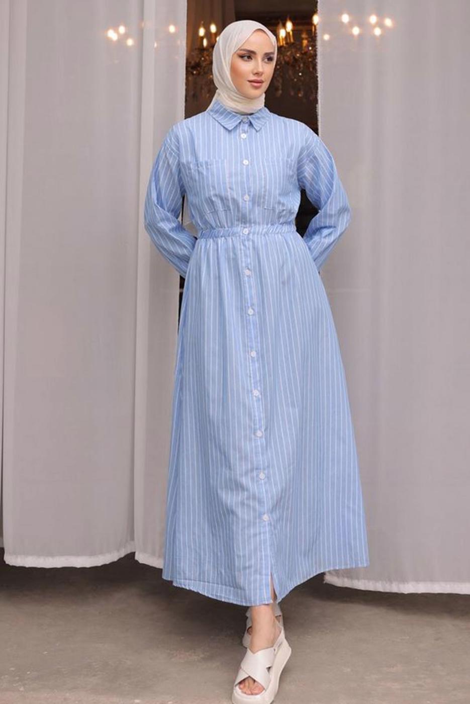 Tesettür giyim MAVİ ÇİZGİLİ TESETTÜR ELBİSE T 2002 