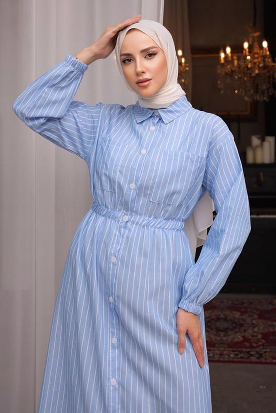 Tesettür giyim MAVİ ÇİZGİLİ TESETTÜR ELBİSE T 2002 