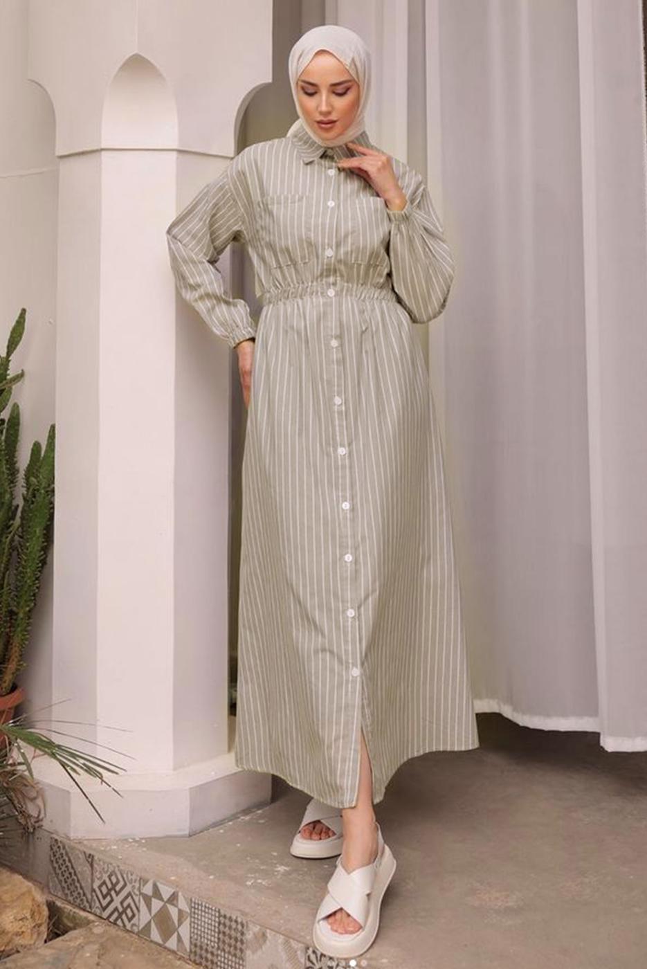 Tesettür giyim BEJ ÇİZGİLİ TESETTÜR ELBİSE T 2002 