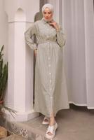 Tesettür giyim BEJ ÇİZGİLİ TESETTÜR ELBİSE T 2002 