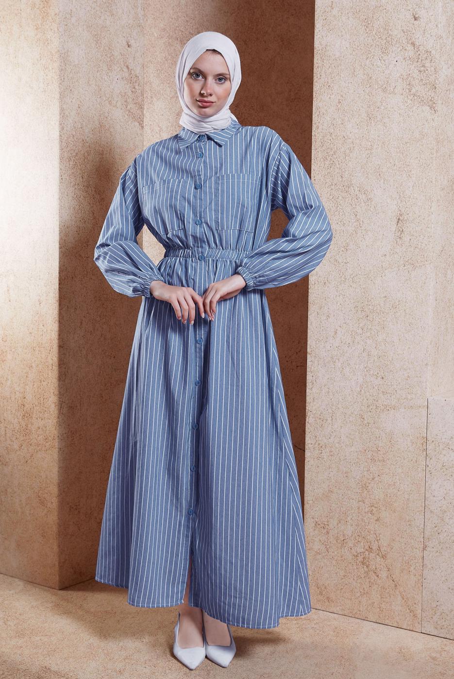 Tesettür giyim LACİVERT ÇİZGİLİ TESETTÜR ELBİSE T 2002 