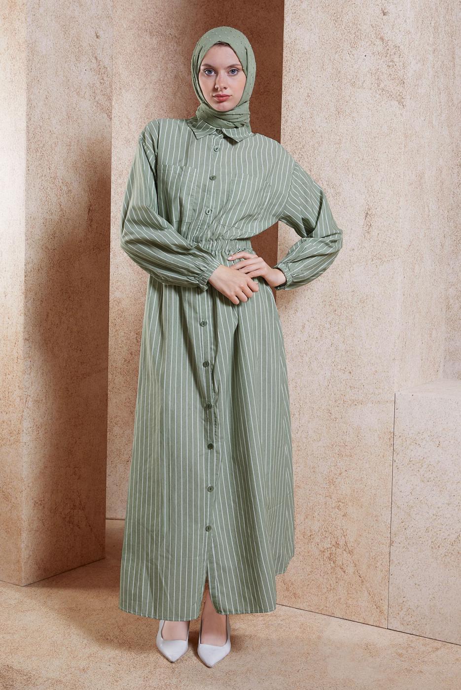 Tesettür giyim YEŞİL ÇİZGİLİ TESETTÜR ELBİSE T 2002 