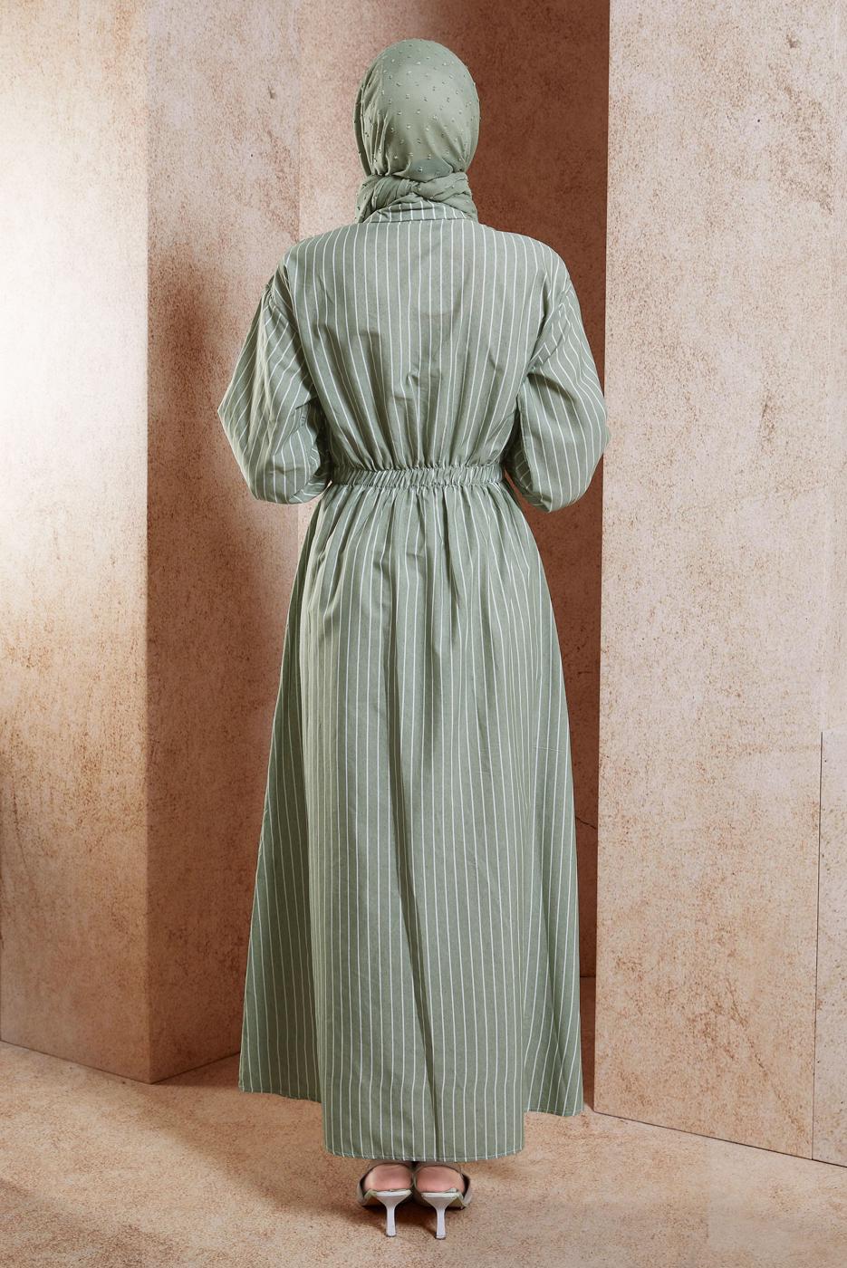 Tesettür giyim YEŞİL ÇİZGİLİ TESETTÜR ELBİSE T 2002 