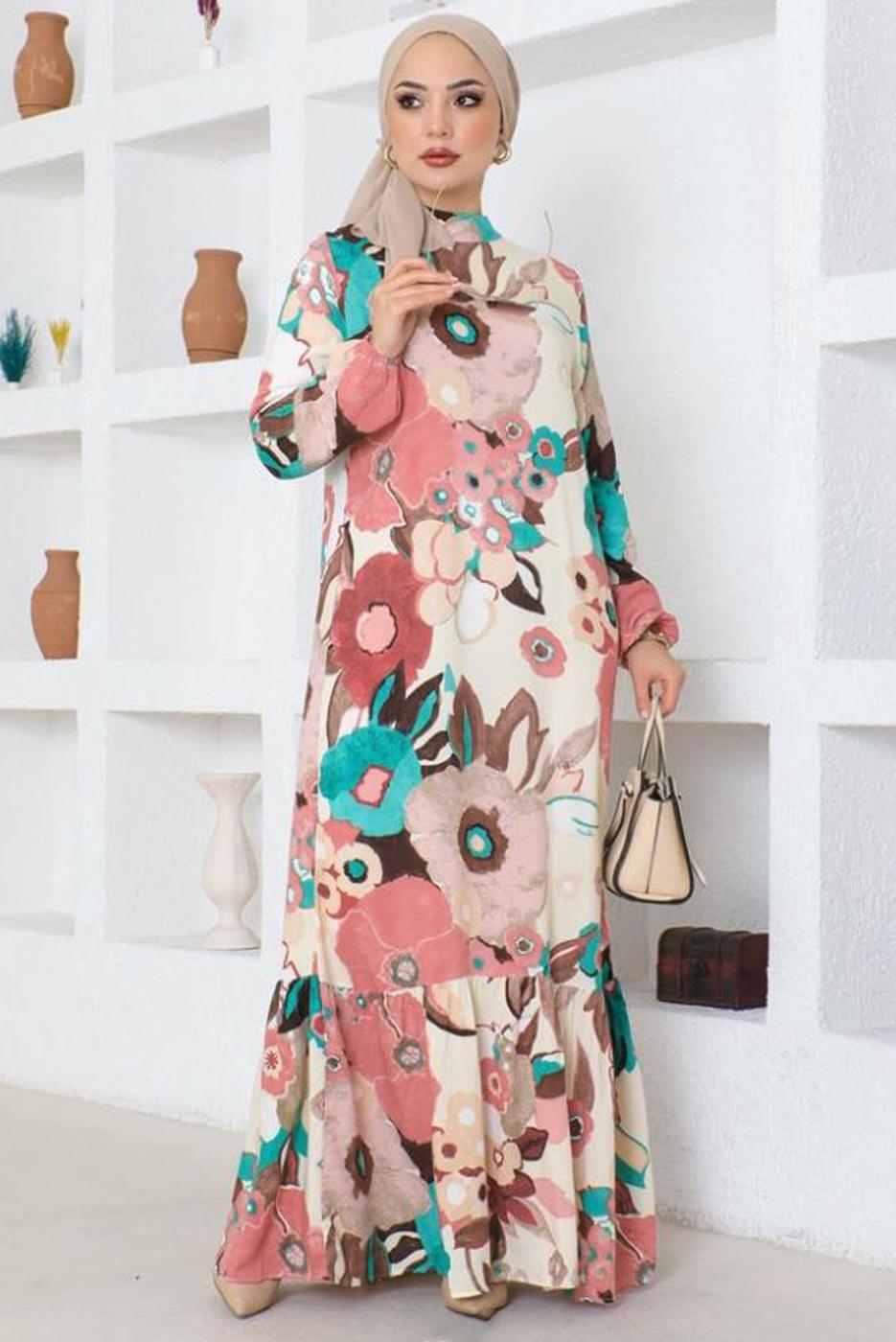 Tesettür giyim PUDRA DESENLİ VİSKON TESETTÜR ELBİSE T 2048