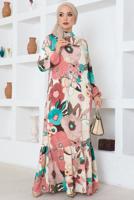 Tesettür giyim PUDRA DESENLİ VİSKON TESETTÜR ELBİSE T 2048