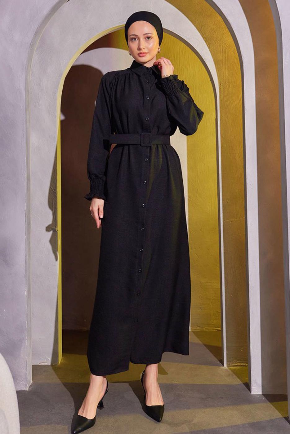 Tesettür giyim SİYAH KEMERLİ ELBİSE T 2104