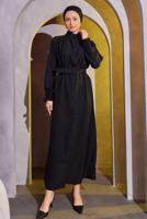 Tesettür giyim SİYAH KEMERLİ ELBİSE T 2104