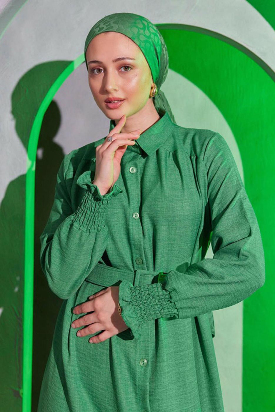 Tesettür giyim YEŞİL KEMERLİ ELBİSE T 2104