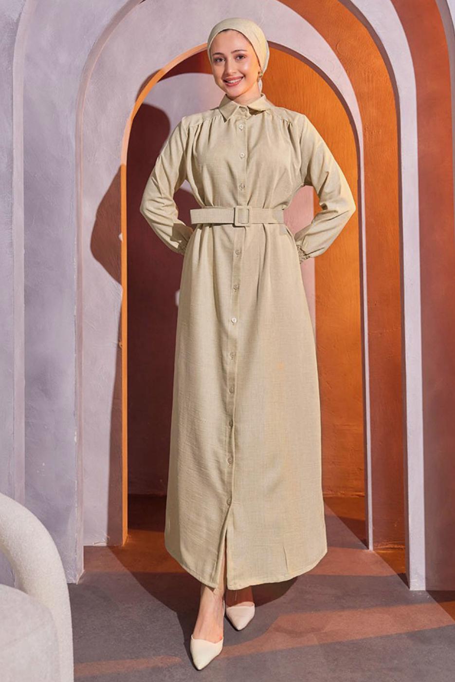 Tesettür giyim BEJ KEMERLİ ELBİSE T 2104