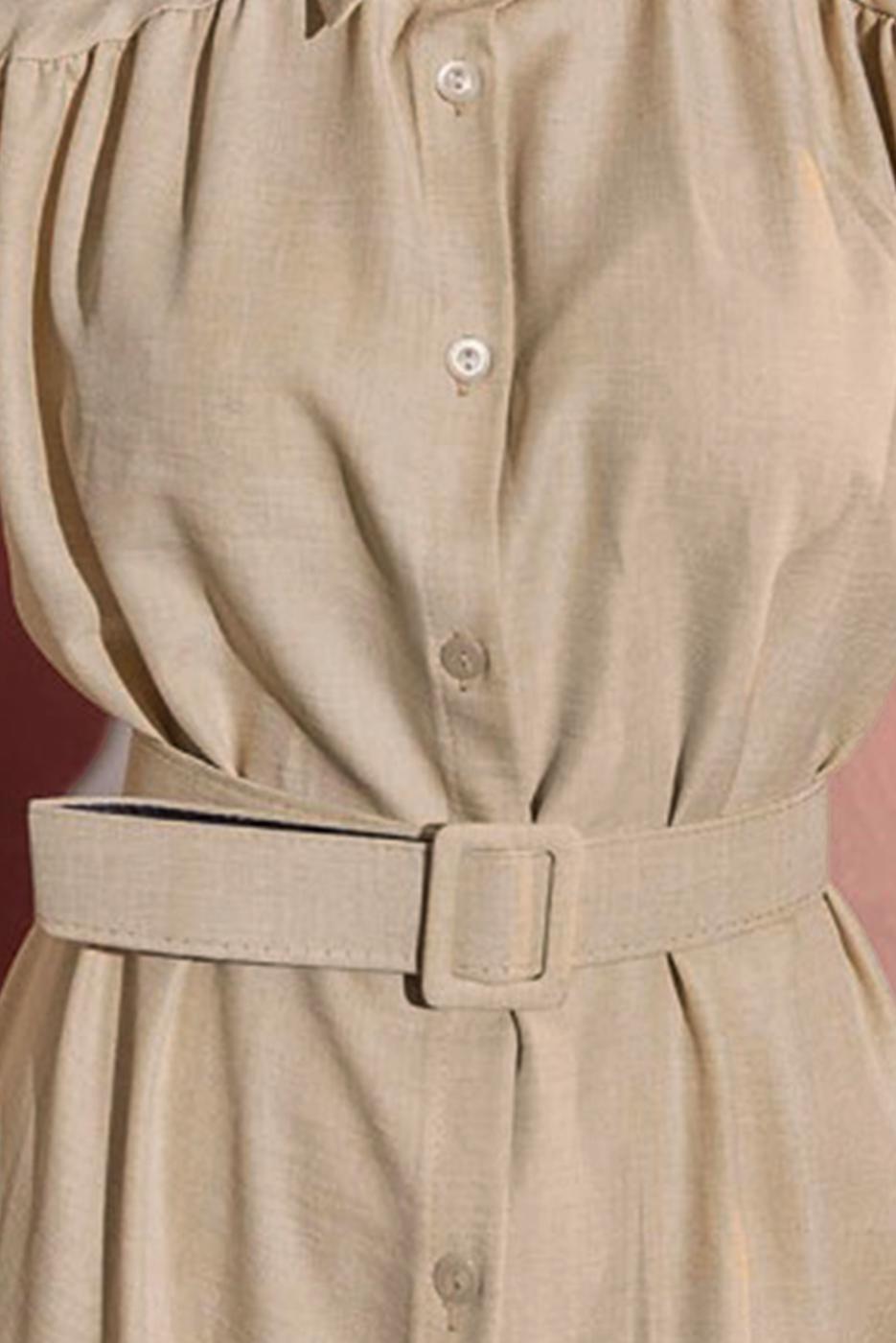 Tesettür giyim BEJ KEMERLİ ELBİSE T 2104