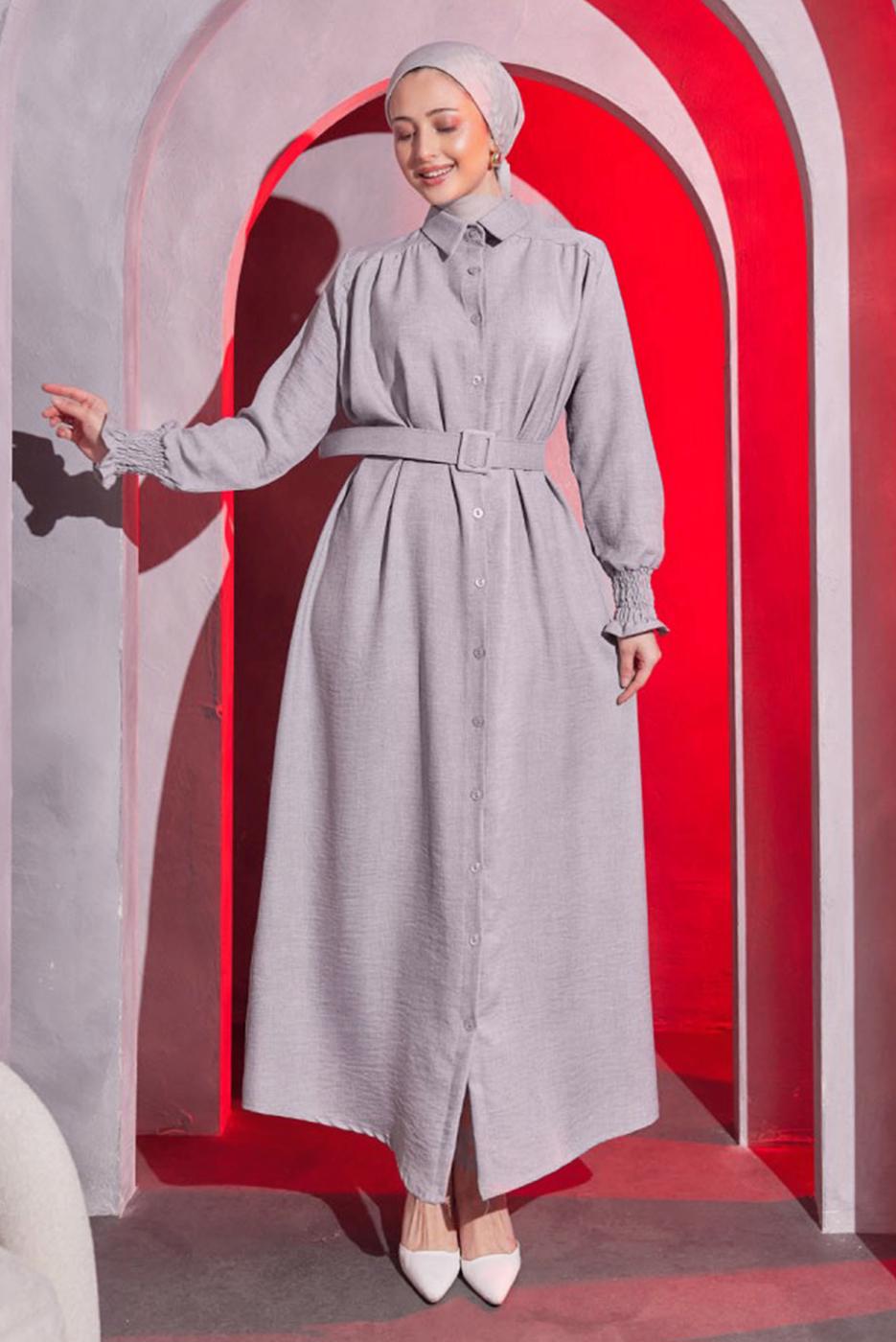 Tesettür giyim GRİ KEMERLİ ELBİSE T 2104