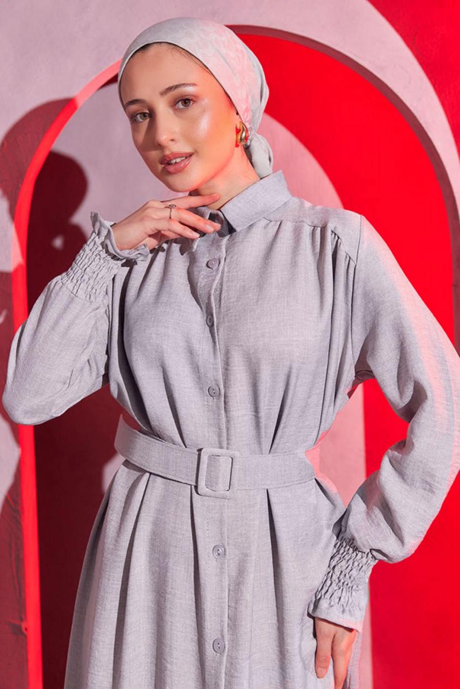 Tesettür giyim GRİ KEMERLİ ELBİSE T 2104