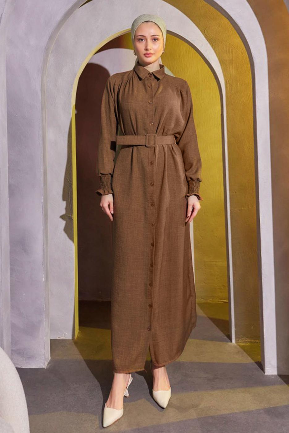 Tesettür giyim KAHVE KEMERLİ ELBİSE T 2104