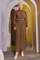 Tesettür giyim KAHVE KEMERLİ ELBİSE T 2104