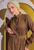 Tesettür giyim KAHVE KEMERLİ ELBİSE T 2104