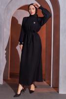 Tesettür giyim SİYAH KUŞAKLI ELBİSE T 2193
