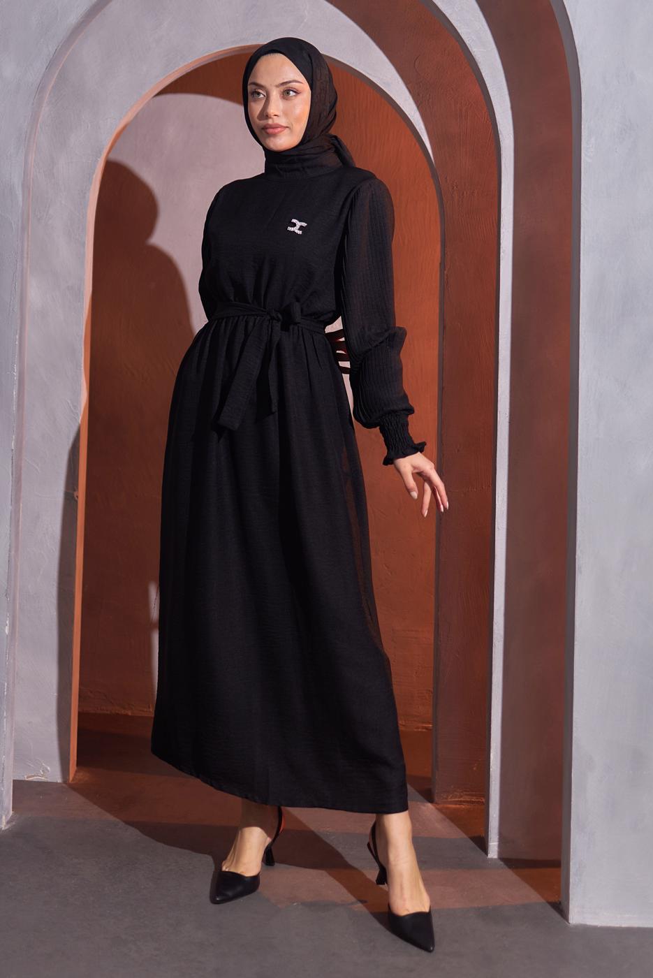 Tesettür giyim SİYAH KUŞAKLI ELBİSE T 2193