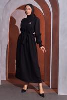 Tesettür giyim SİYAH KUŞAKLI ELBİSE T 2193
