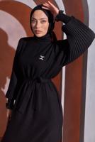 Tesettür giyim SİYAH KUŞAKLI ELBİSE T 2193