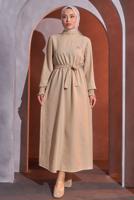 Tesettür giyim BEJ KUŞAKLI ELBİSE T 2193