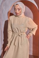 Tesettür giyim BEJ KUŞAKLI ELBİSE T 2193