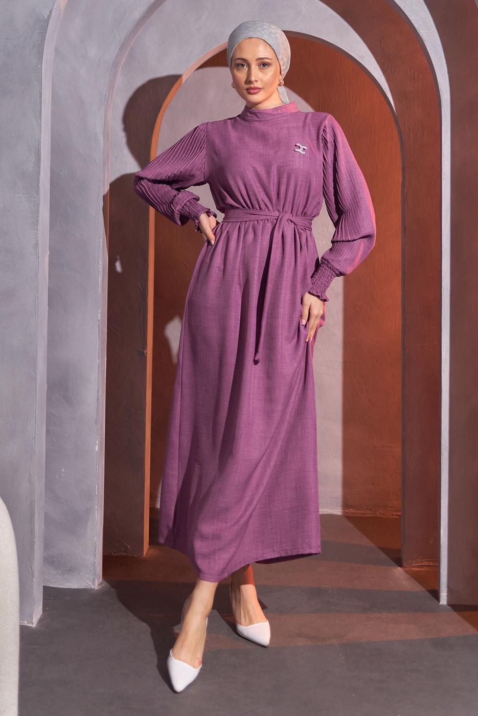 Tesettür giyim MOR KUŞAKLI ELBİSE T 2193