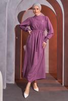 Tesettür giyim MOR KUŞAKLI ELBİSE T 2193