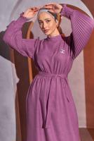 Tesettür giyim MOR KUŞAKLI ELBİSE T 2193