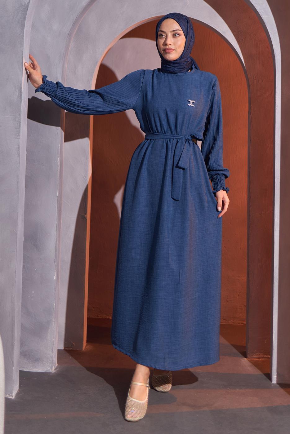 Tesettür giyim LACİVERT KUŞAKLI ELBİSE T 2193