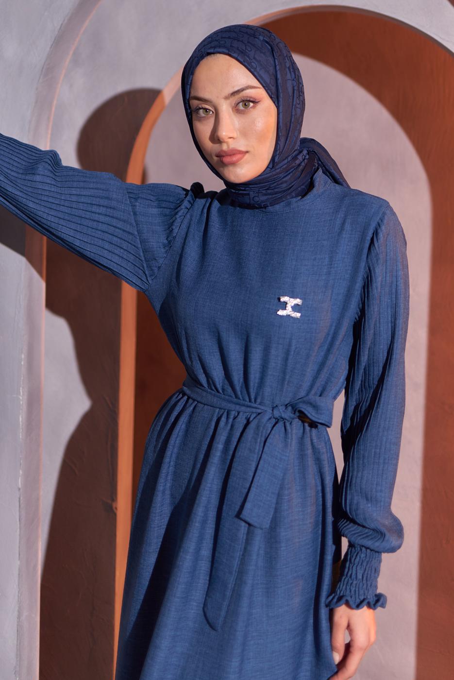 Tesettür giyim LACİVERT KUŞAKLI ELBİSE T 2193