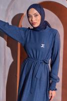 Tesettür giyim LACİVERT KUŞAKLI ELBİSE T 2193