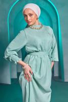 Tesettür giyim YEŞİL KUŞAKLI ELBİSE T 2193