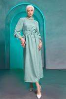 Tesettür giyim YEŞİL KUŞAKLI ELBİSE T 2193