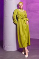 Tesettür giyim YEŞİL KUŞAKLI ELBİSE T 2193