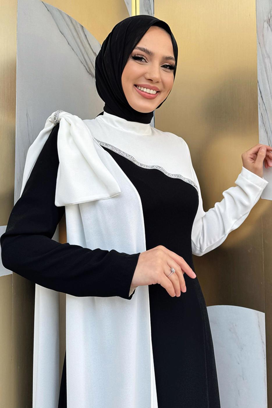 Tesettür giyim SİYAH İKİ RENKLİ ELBİSE T 2683