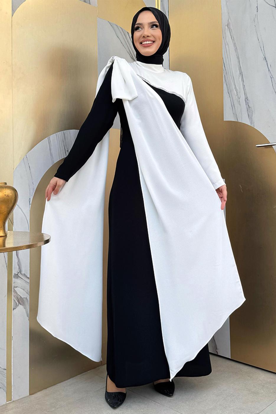 Tesettür giyim SİYAH İKİ RENKLİ ELBİSE T 2683