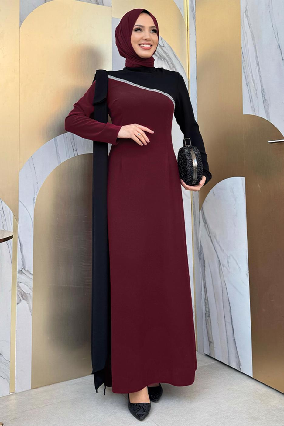 Tesettür giyim BORDO İKİ RENKLİ ELBİSE T 2683