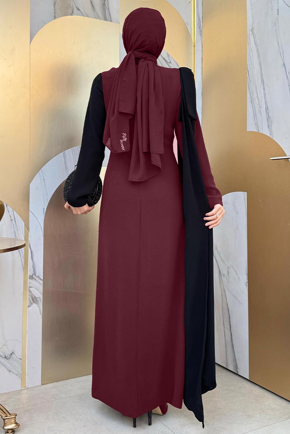 Tesettür giyim BORDO İKİ RENKLİ ELBİSE T 2683