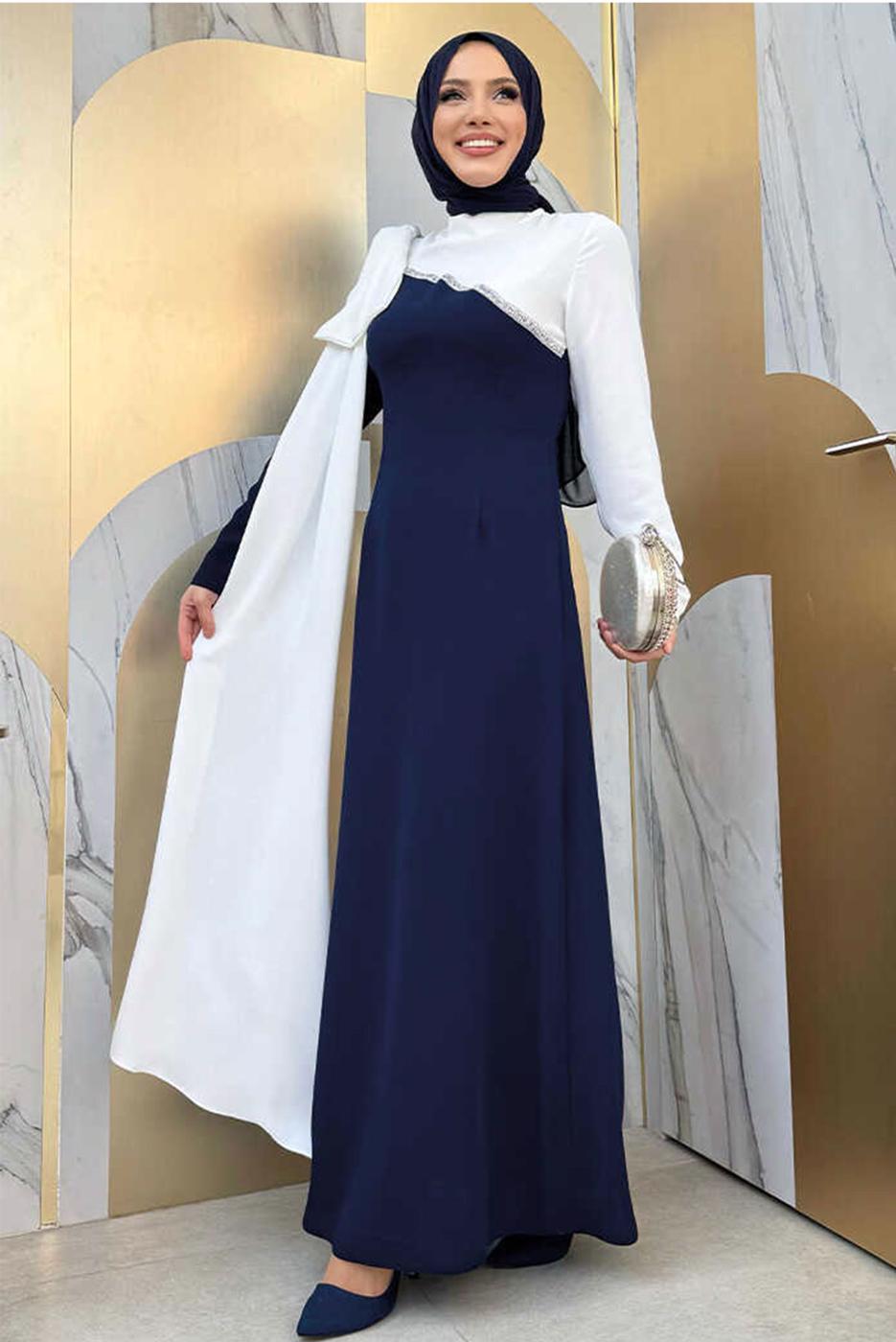 Tesettür giyim LACİVERT İKİ RENKLİ ELBİSE T 2683