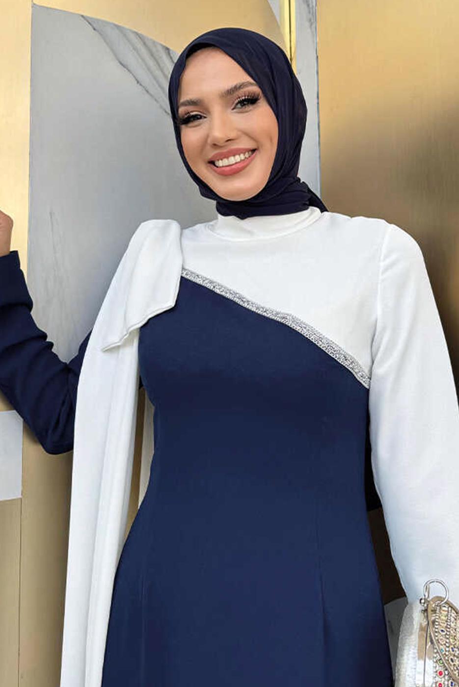 Tesettür giyim LACİVERT İKİ RENKLİ ELBİSE T 2683