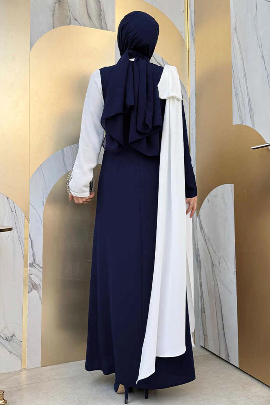Tesettür giyim LACİVERT İKİ RENKLİ ELBİSE T 2683