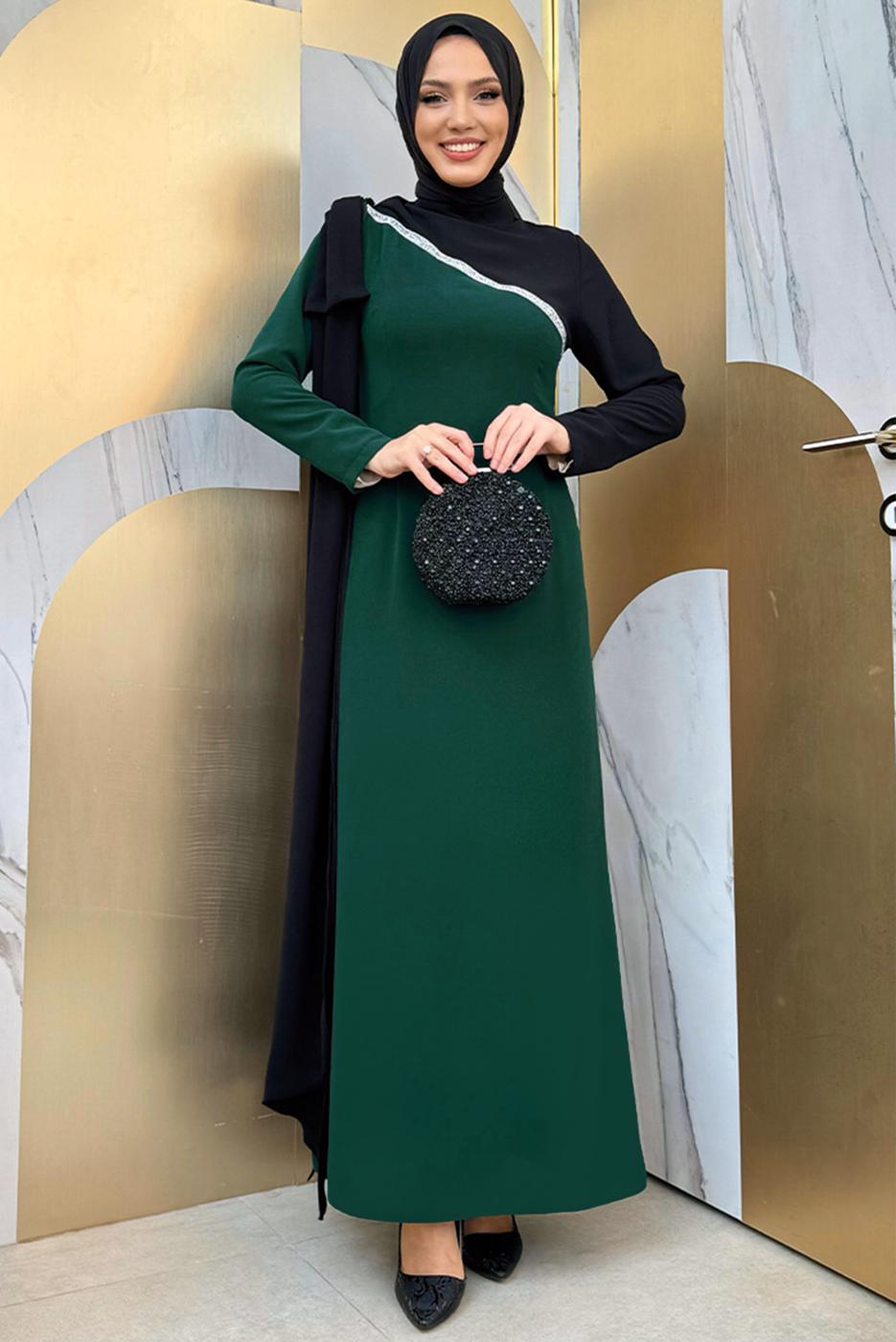 Tesettür giyim YEŞİL İKİ RENKLİ ELBİSE T 2683