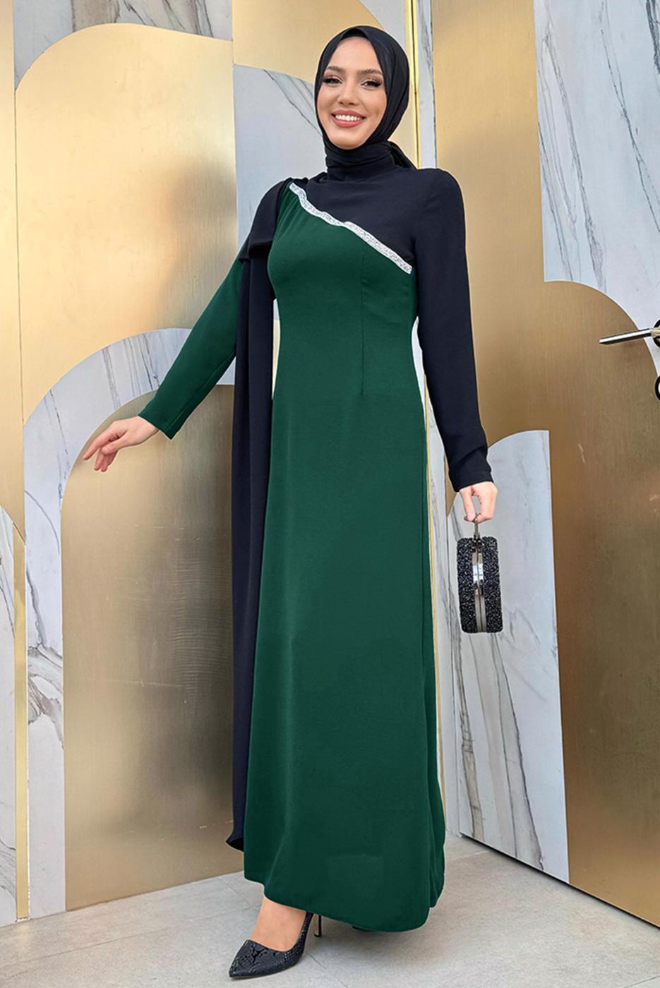 Tesettür giyim YEŞİL İKİ RENKLİ ELBİSE T 2683