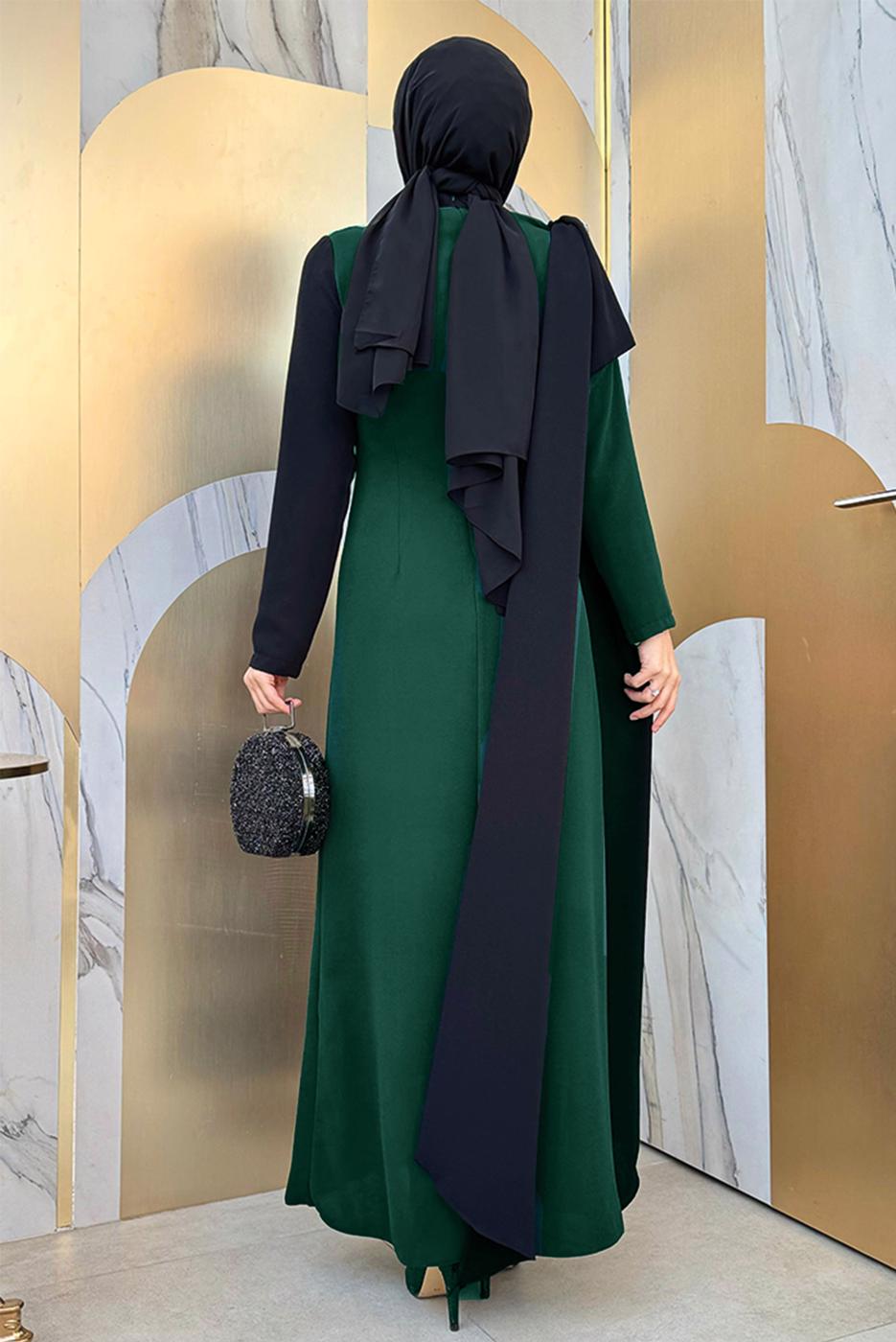 Tesettür giyim YEŞİL İKİ RENKLİ ELBİSE T 2683